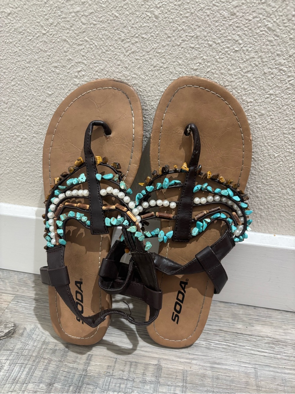 SODA Brown Sandals with Turquoise, White and Gold Beading